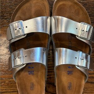 Birkenstock Arizona Silver Metallic Double Strap Sandals